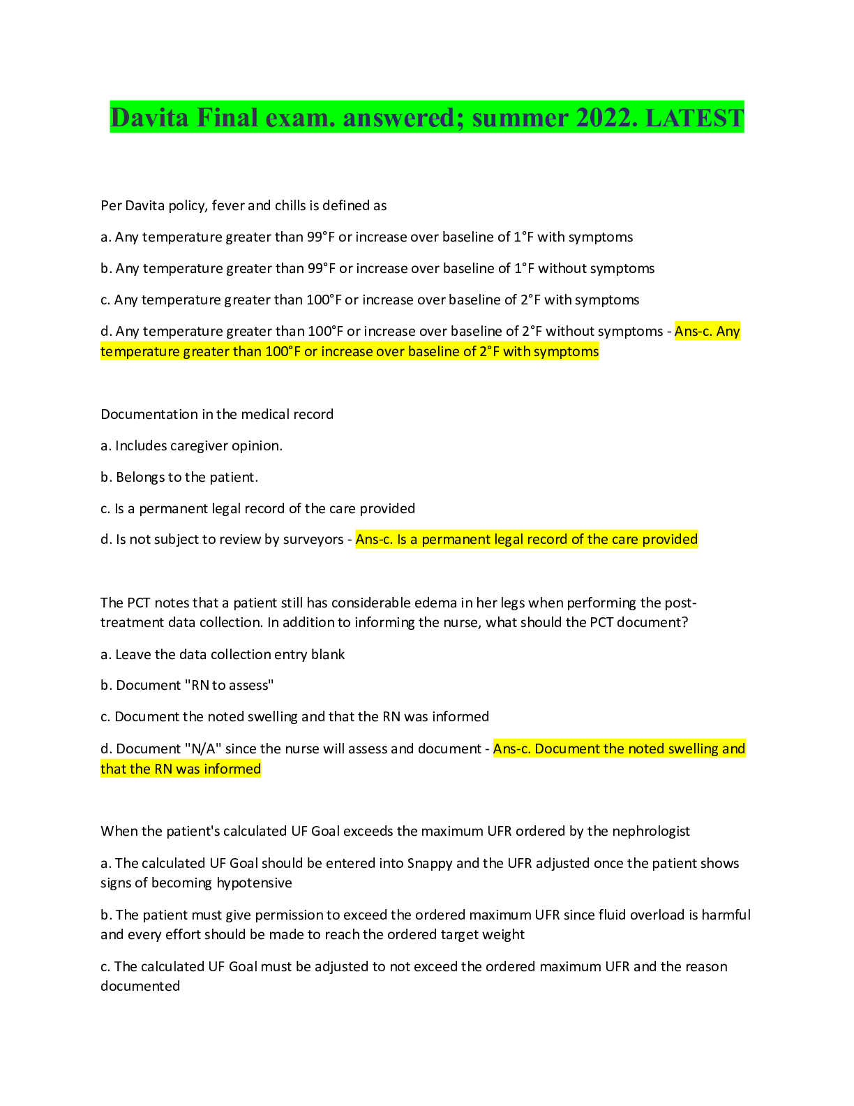 Preview image for Davita Final exam. answered; summer 2022. LATEST